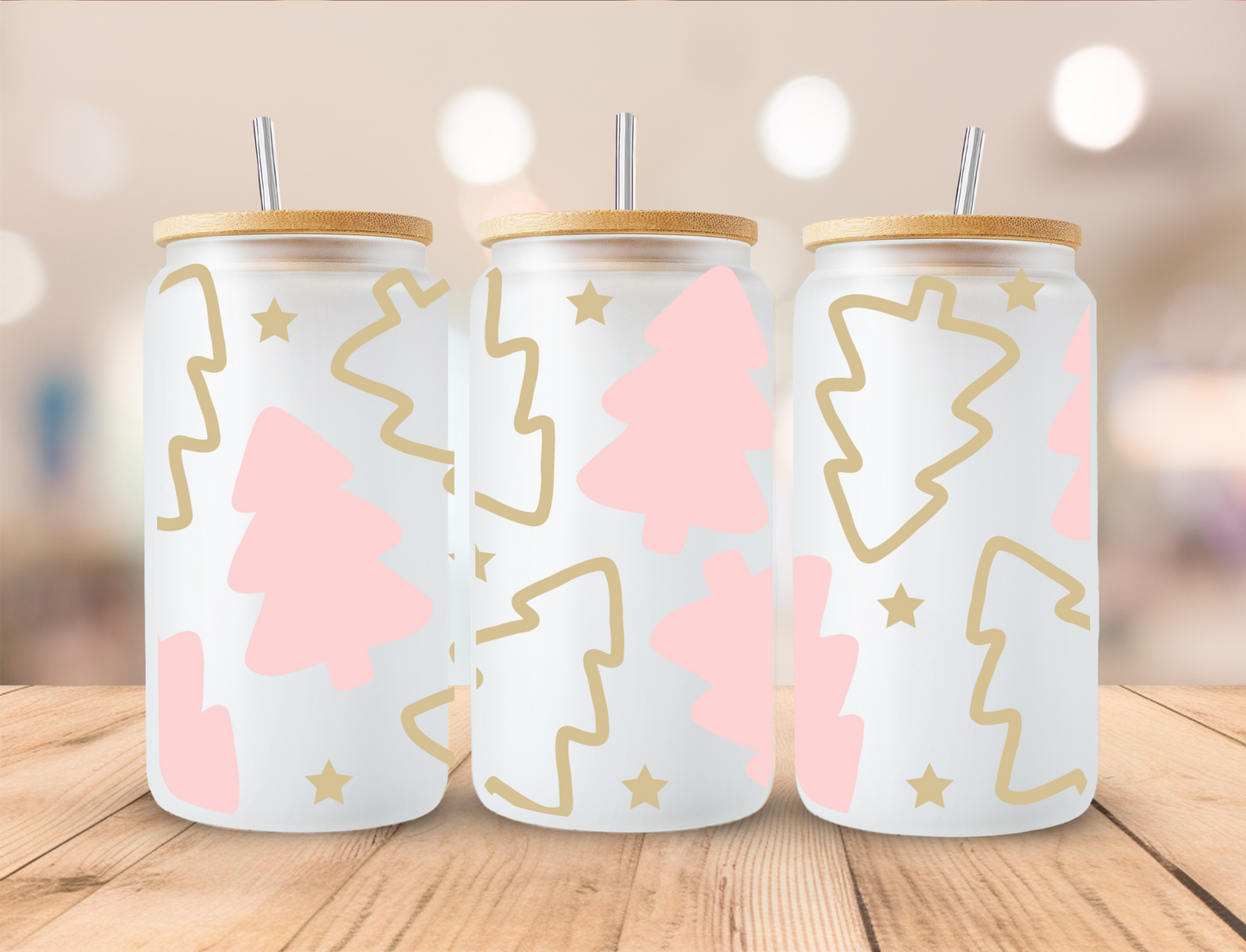 Pink And Gold Christmas Trees - 16oz Libby UV DTF Wrap RTS