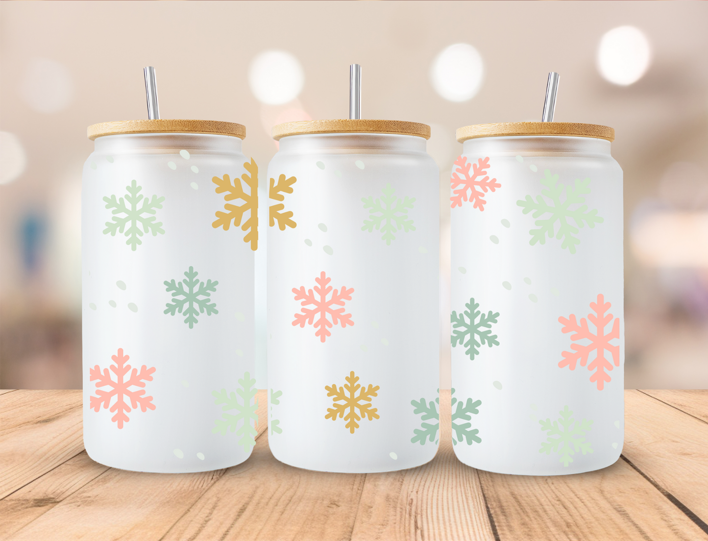 Christmas Pastel Snowflakes - 16oz Libby UV DTF Wrap