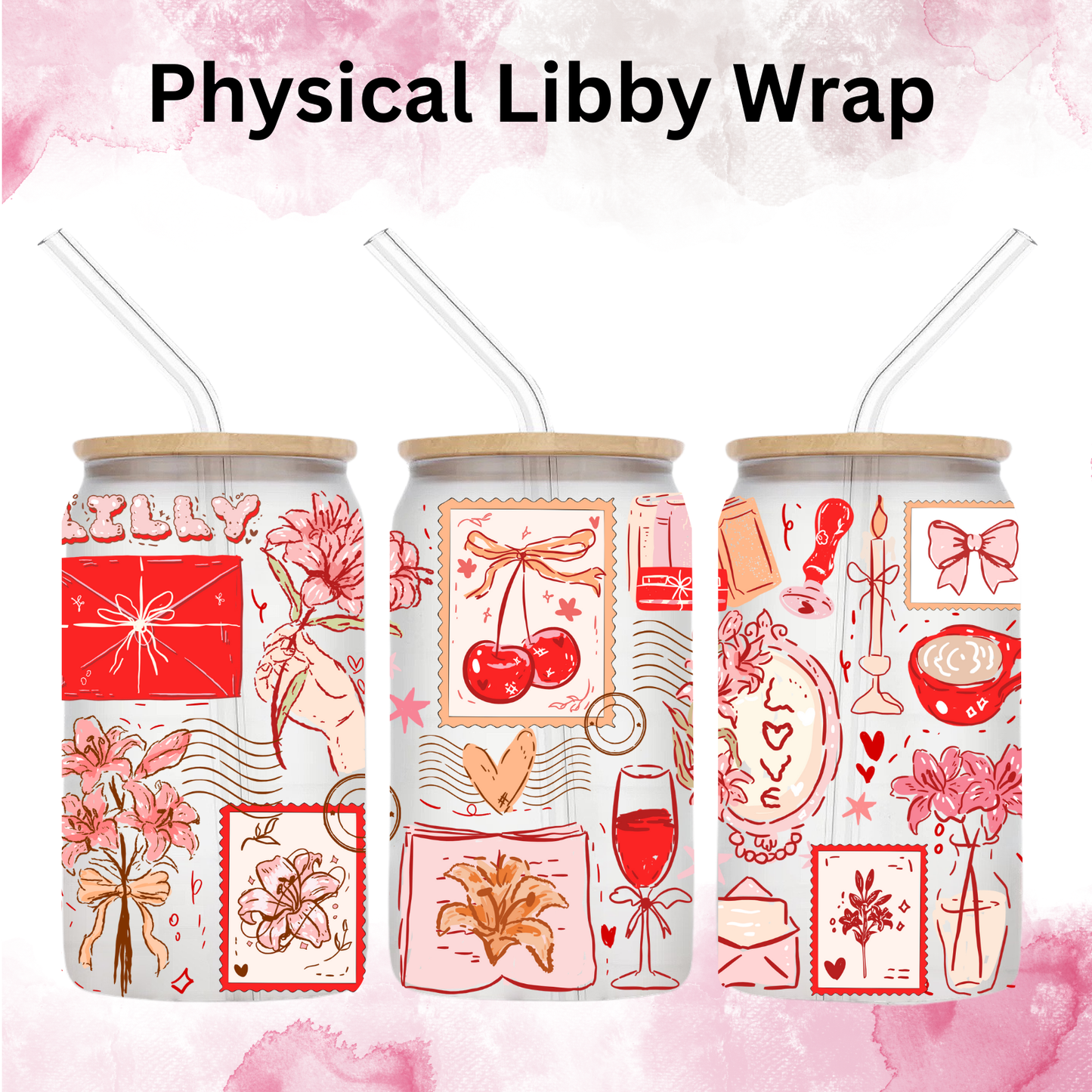 Valentines Watercolor Romance Stamps Wine - 16 oz / 20 oz Libby UV DTF