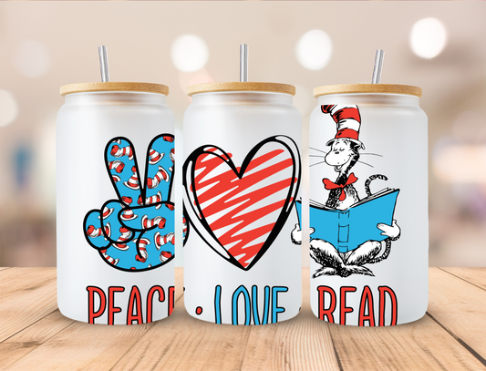Dr Seuss Peace Love Read - 16 oz / 20 oz Libby UV DTF Wrap