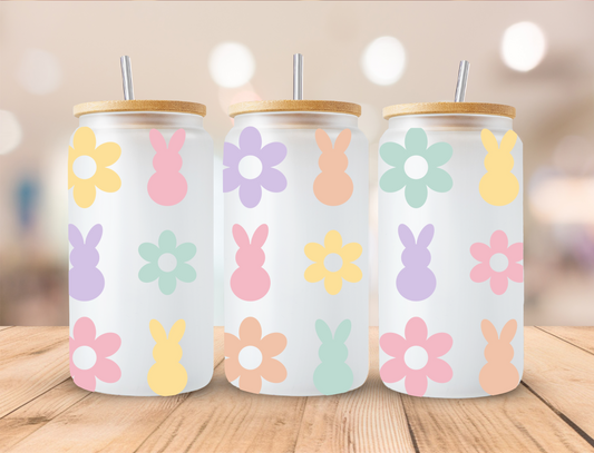 Easter Retro Pastel Floral Bunnies - 16 oz / 20 oz Libby UV DTF Wrap