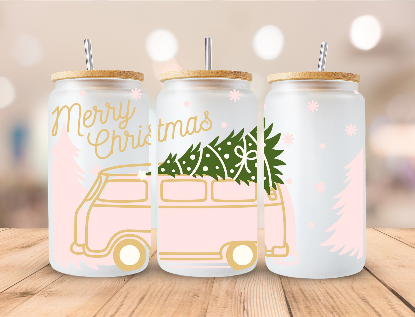 Merry Christmas (Pink Van) - 16oz Libby UV DTF Wrap