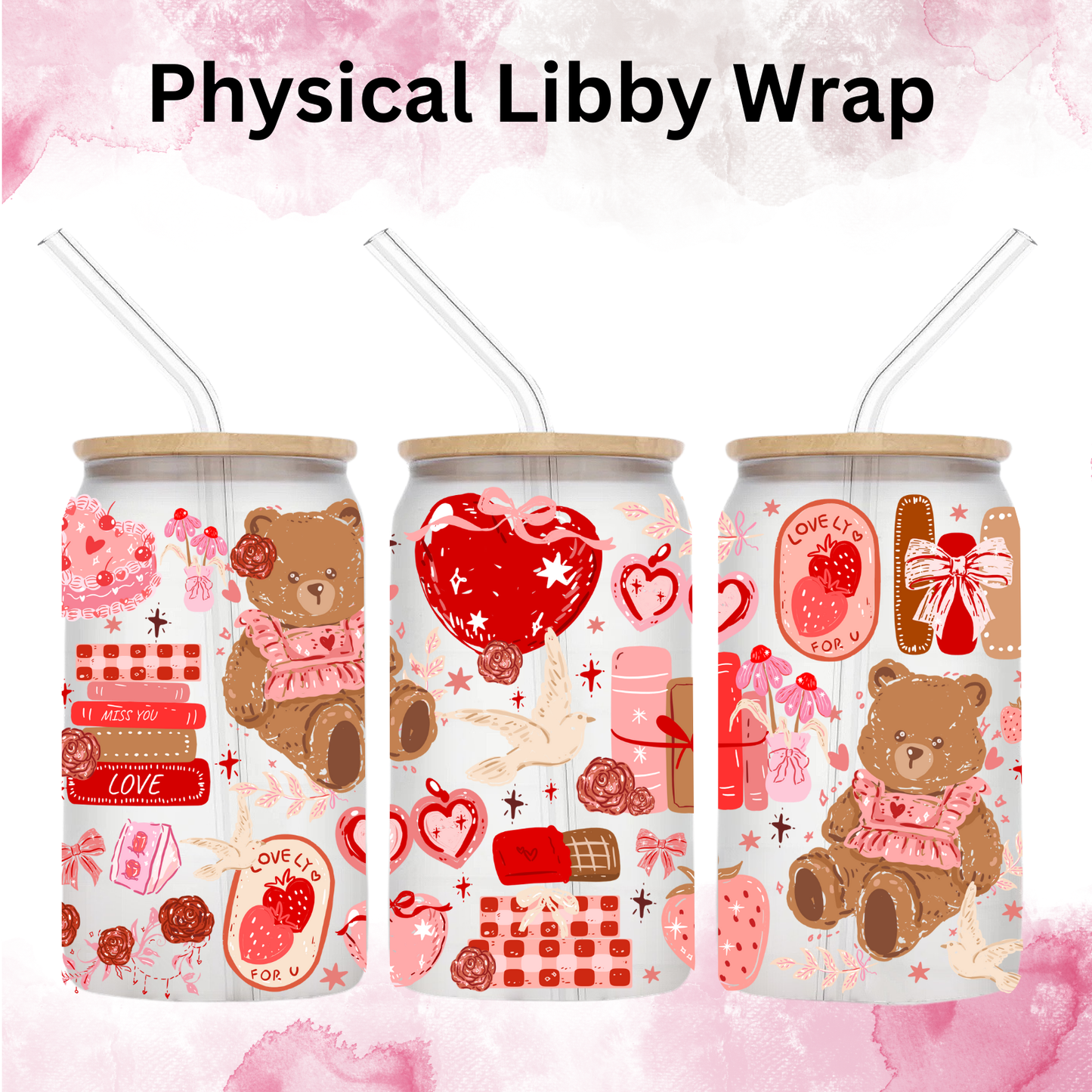 Valentines Watercolor Romance Book and Bears - 16 oz / 20 oz Libby UV DTF