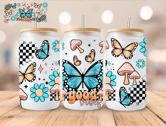 Blue Butterfly Good Vibes - 16 oz / 20 oz Libby UV DTF Wrap EXCLUSIVE DESIGN