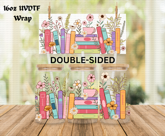 Colorful Floral Books - 16 oz Libby UV DTF DOUBLESIDED Wrap RTS