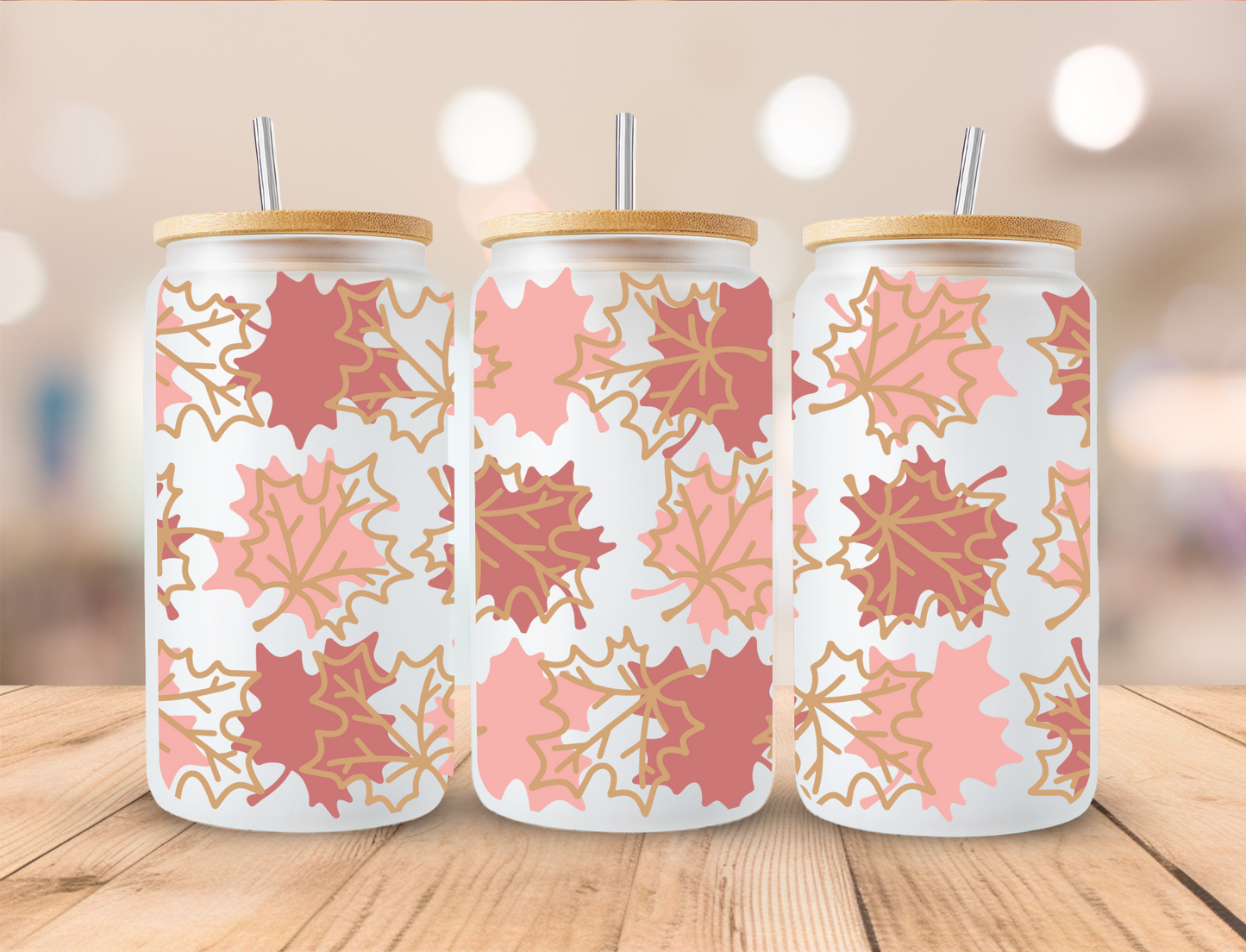 Pink And Gold Leaves - 16oz Libby UV DTF Wrap