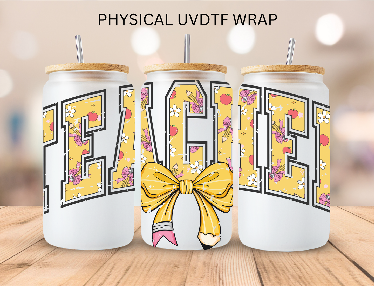 Yellow Bowtie TEACHER - 16 oz / 20 oz Libby UV DTF