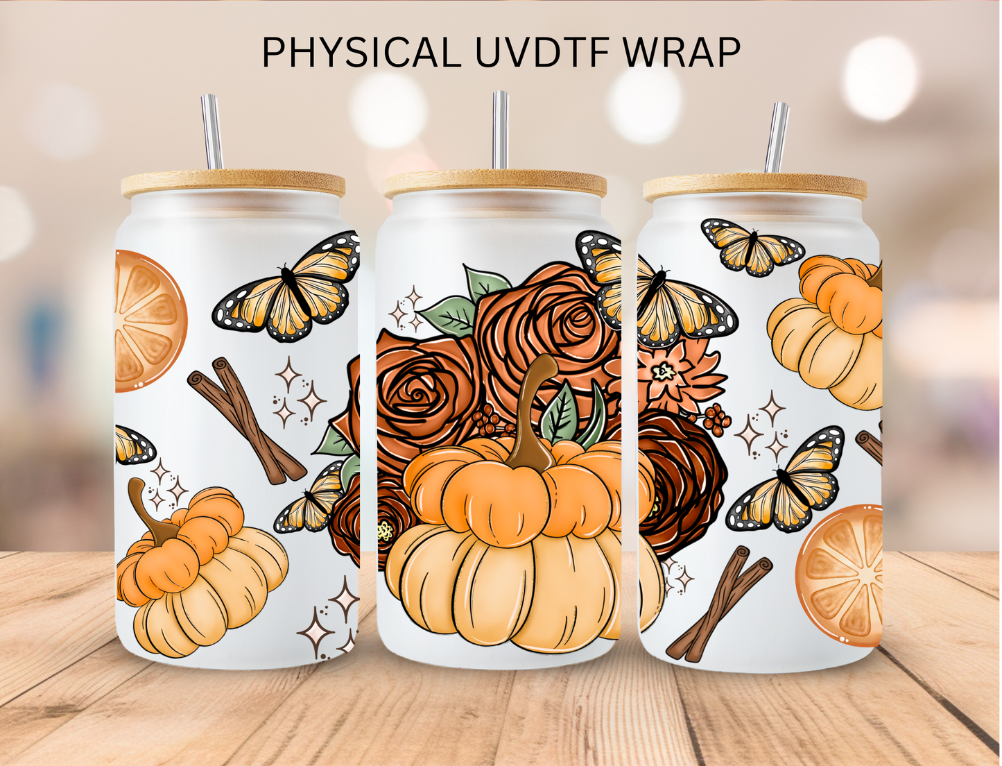 Fall Pumpkins And Flowers - 16 oz / 20 oz Libby UV DTF Wrap