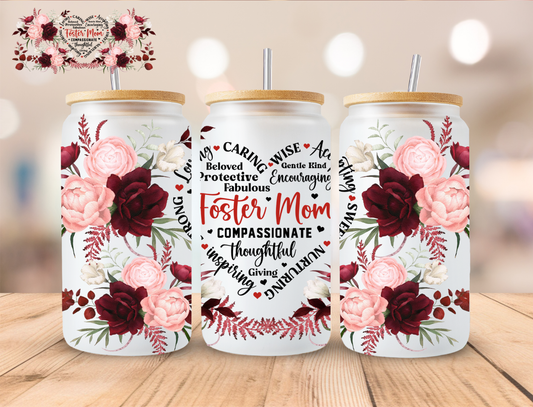 Floral Foster Mom Heart - 16 oz / 20 oz Libby UV DTF Wrap