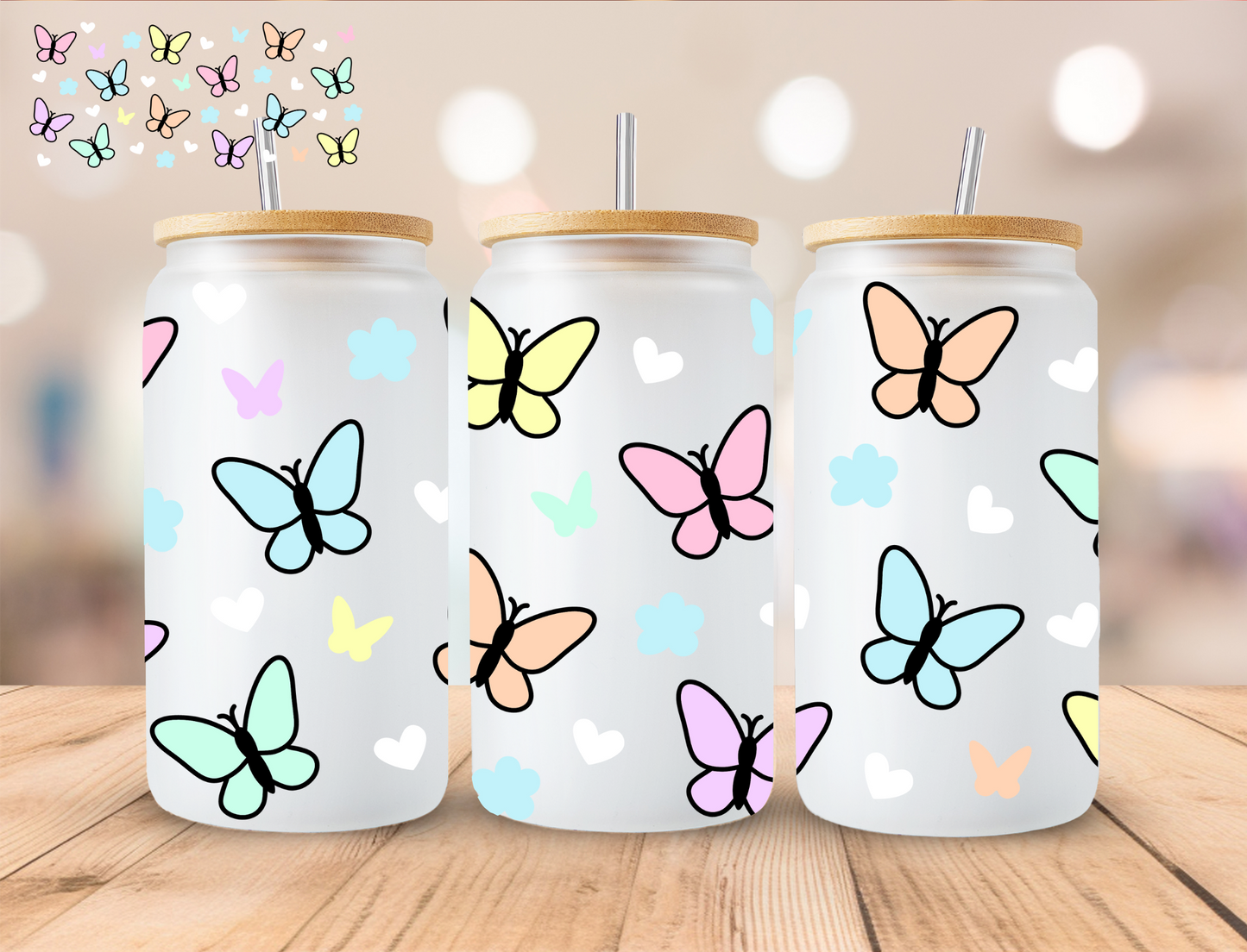 Pastel Butterflies - 16 oz / 20 oz Libby UV DTF Wrap