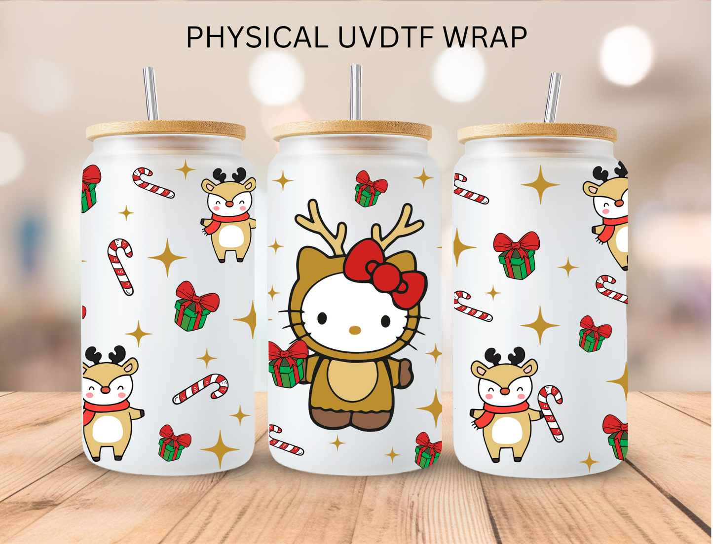 Christmas Reindeer Kitty - 16 oz / 20 oz Libby UV DTF Wrap