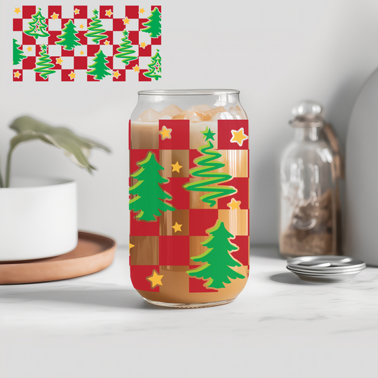 Christmas Checkered Trees - 16 oz Libby UV DTF Wrap