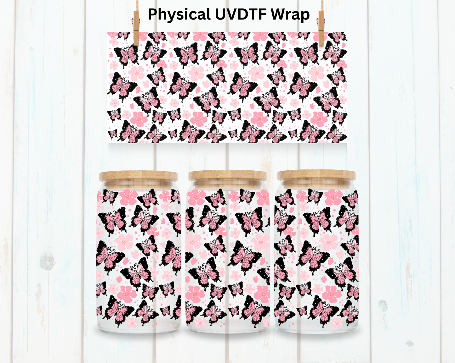 Pink Butterflies and Flowers - 16 oz / 20 oz Libby UV DTF