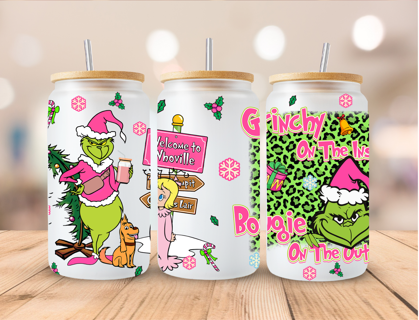 Christmas Pink Mean Green Welcome To Whoville - 16 oz / 20 oz Libby UV DTF Wrap