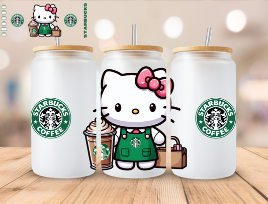 SB Green Coffee Kitty - 16 oz / 20 oz Libby UV DTF Wrap