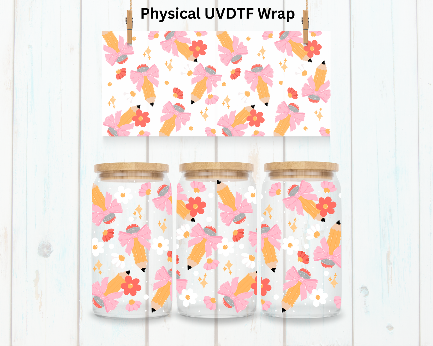 Pastel Coquette School Pencils and Flowers - 16 oz / 20 oz Libby UV DTF