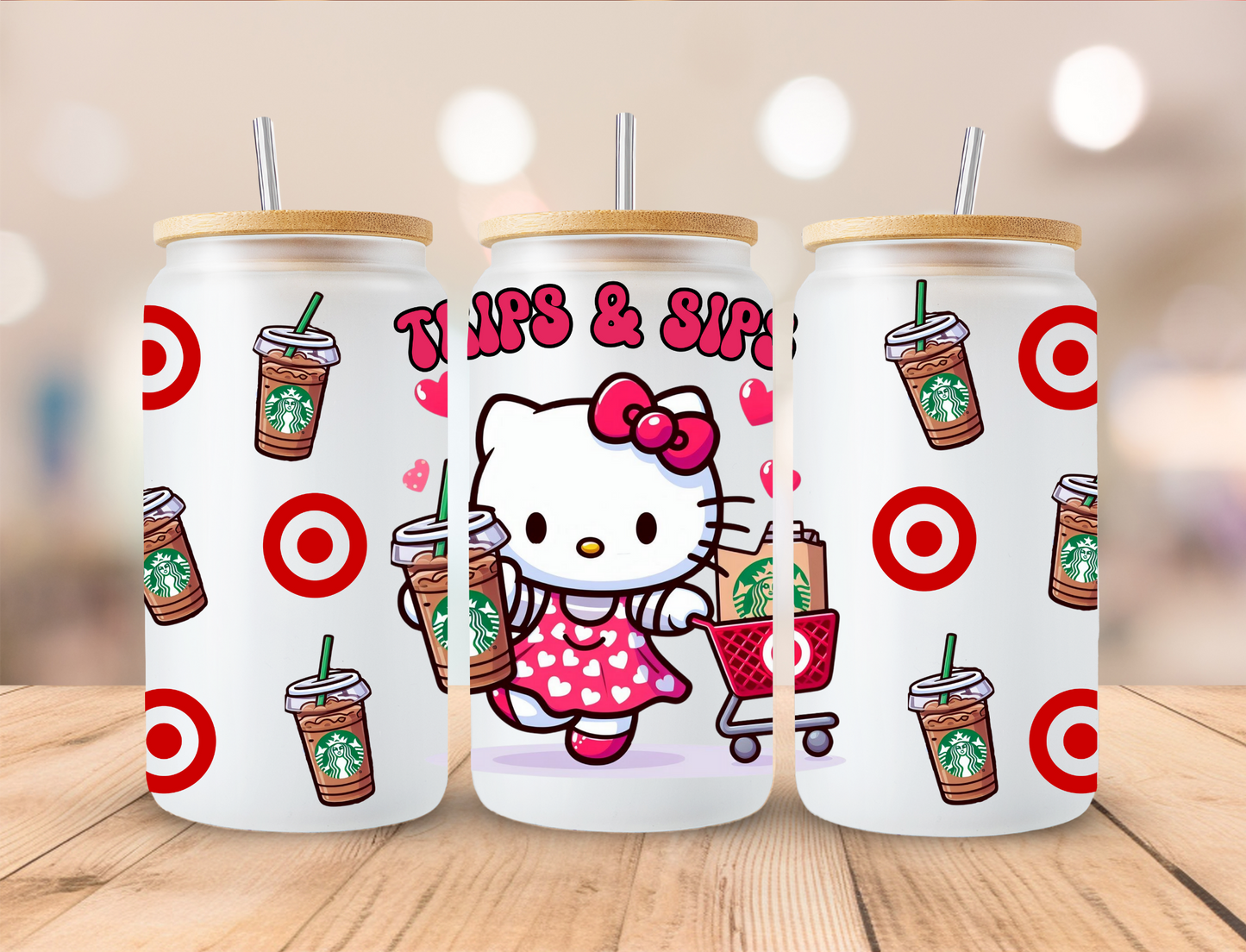 Kitty Sips And Trips - 16 oz / 20 oz Libby UV DTF Wrap