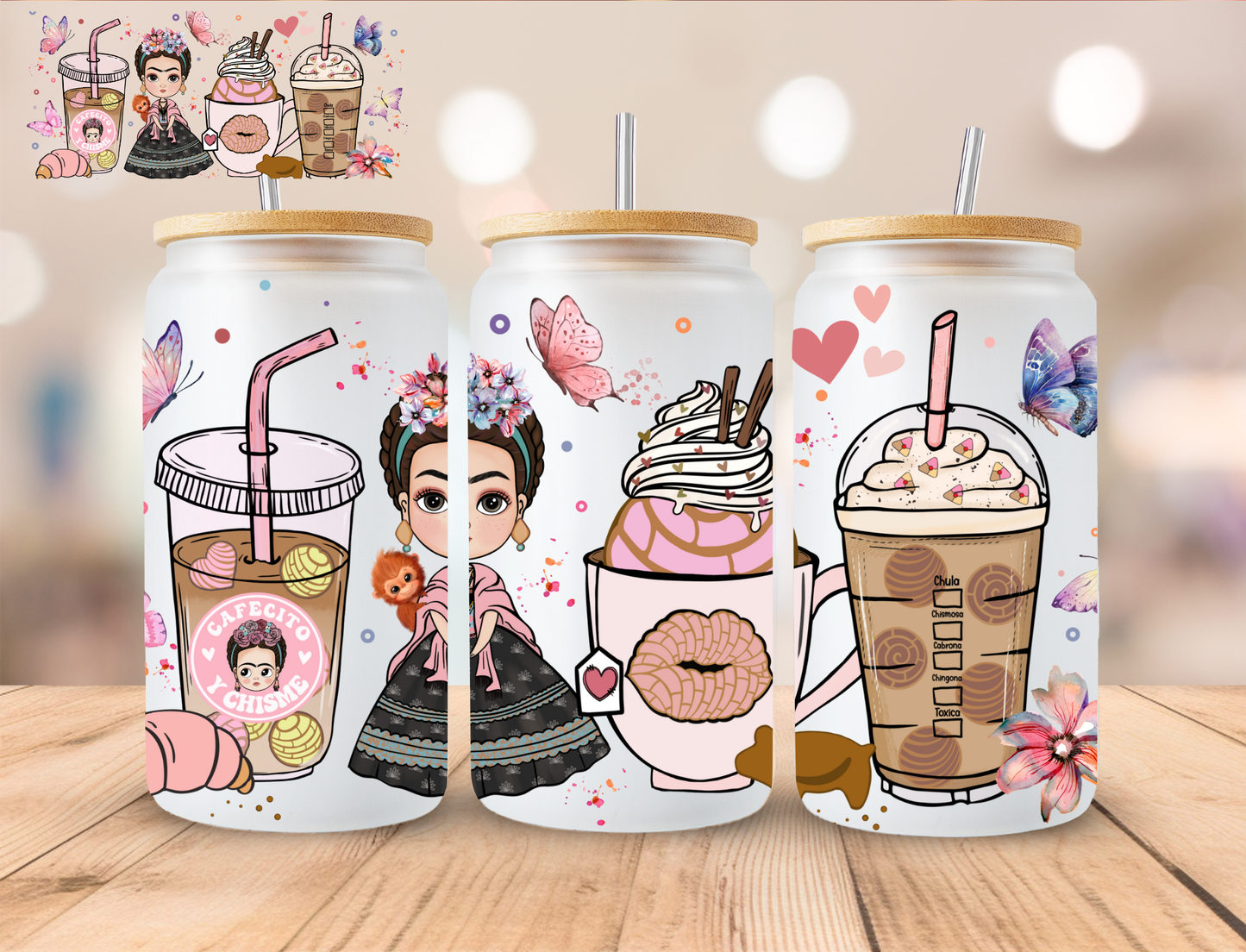 Cafecito Y Chisme Coffee Frida Kahlo- 16 oz / 20 oz Libby UV DTF Wrap