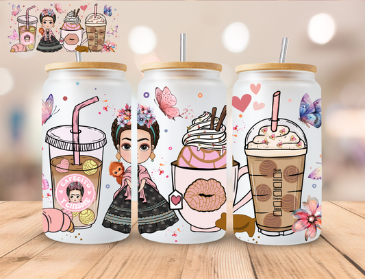 Cafecito Y Chisme Coffee Frida Kahlo- 16 oz / 20 oz Libby UV DTF Wrap