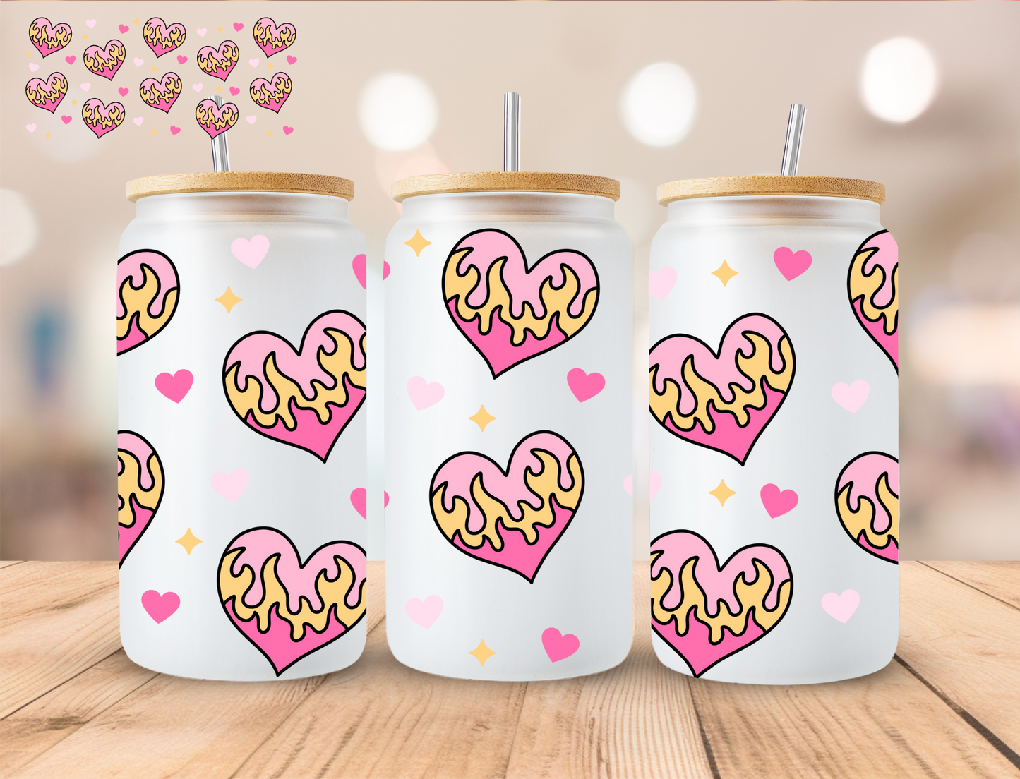 Fire Hearts - 16 oz / 20 oz Libby UV DTF Wrap