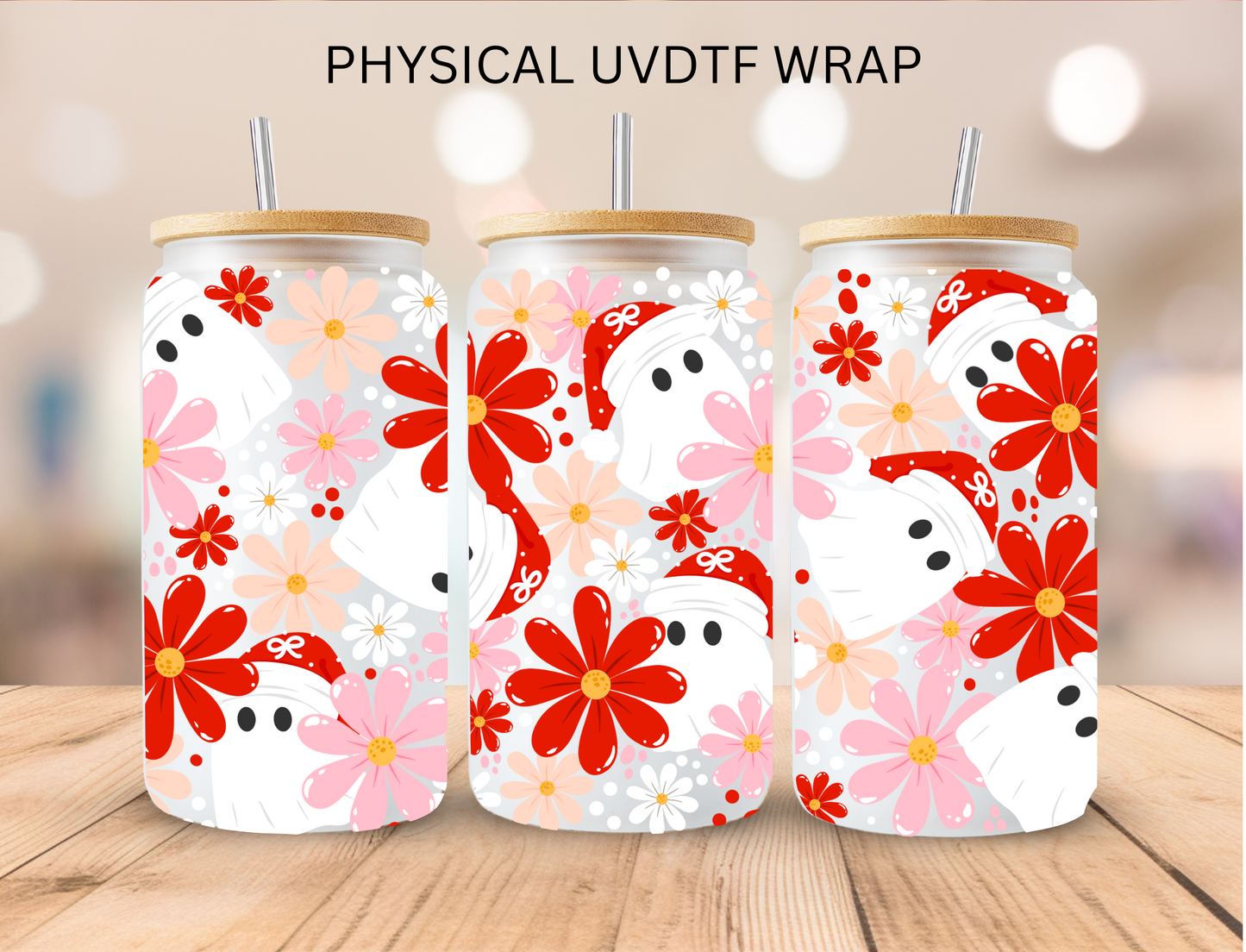 Christmas Multi Daisies and Ghosts - 16 oz / 20 oz Libby UV DTF Wrap