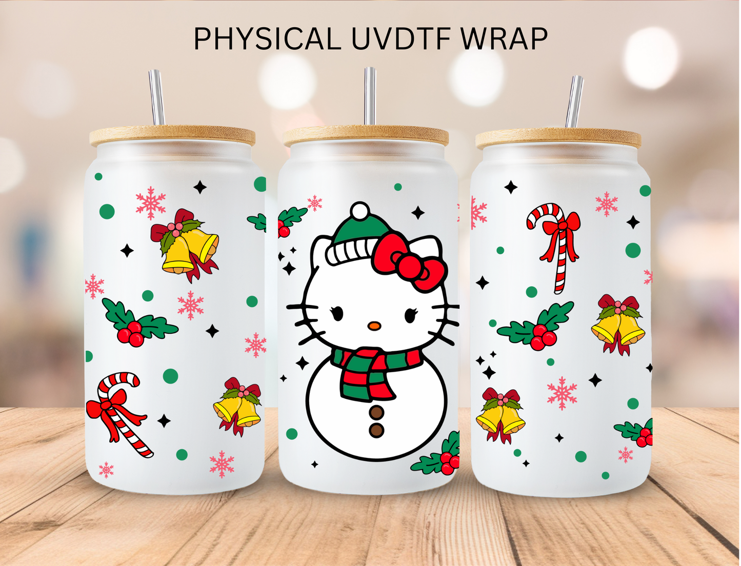 Christmas Mistletoe Snowman Kitty - 16 oz / 20 oz Libby UV DTF Wrap