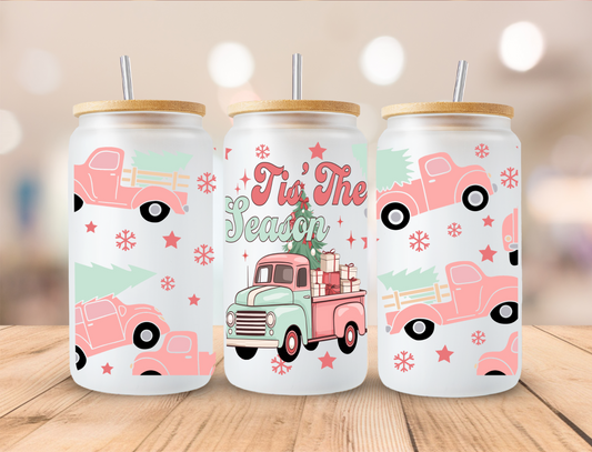 Christmas Trucks Tis The Season - 16oz Libby UV DTF Wrap