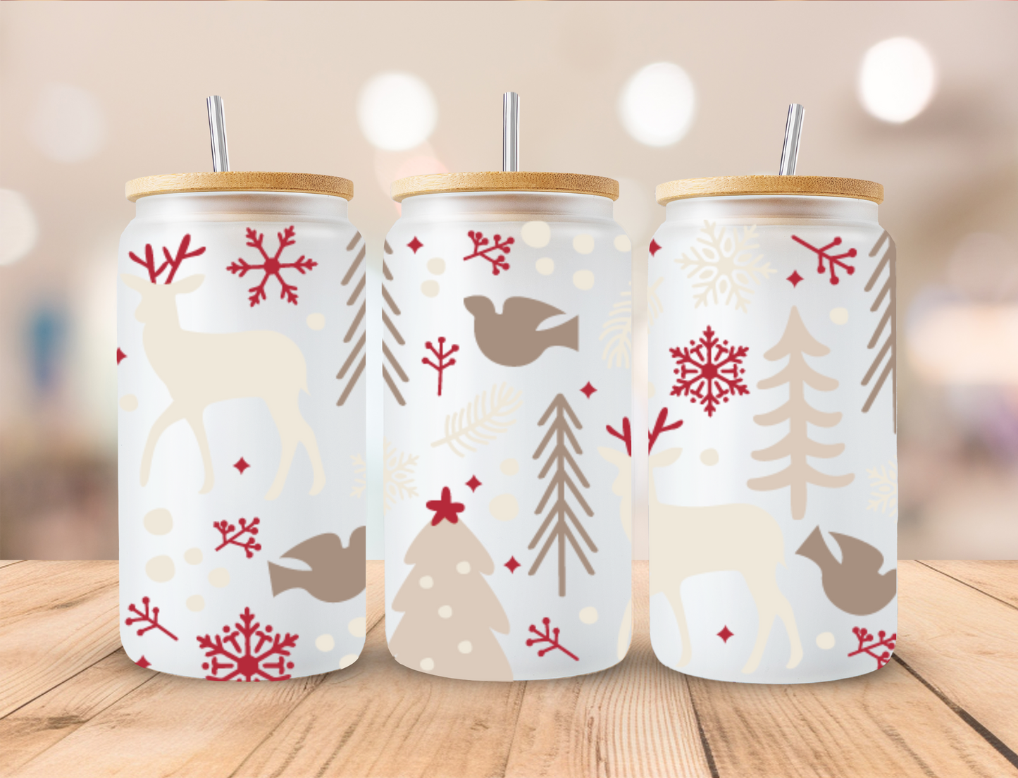 Christmas Deer Songbird and Trees - 16oz Libby UV DTF Wrap RTS