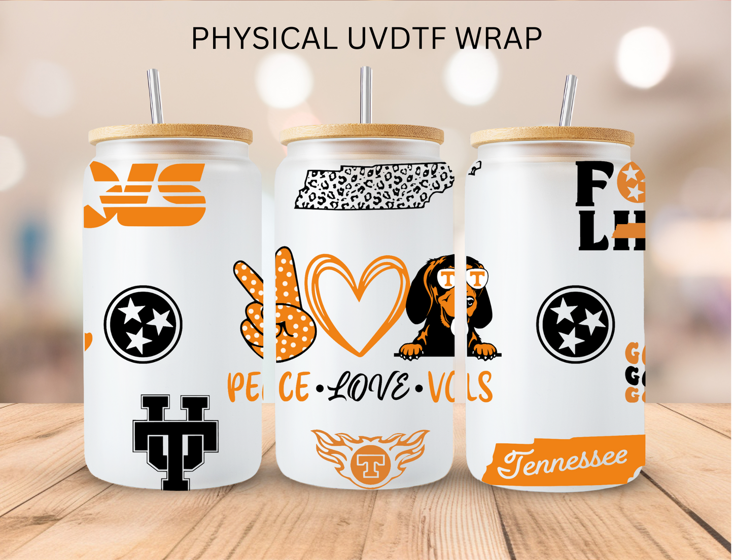 Tennessee Vols Football Peace Love Vols - 16 oz / 20 oz Libby UV DTF Wrap