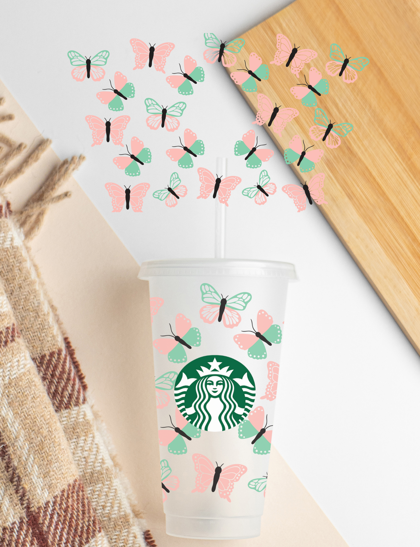 Pink/Green Butterfly - 24 oz cold cup UV DTF Wrap