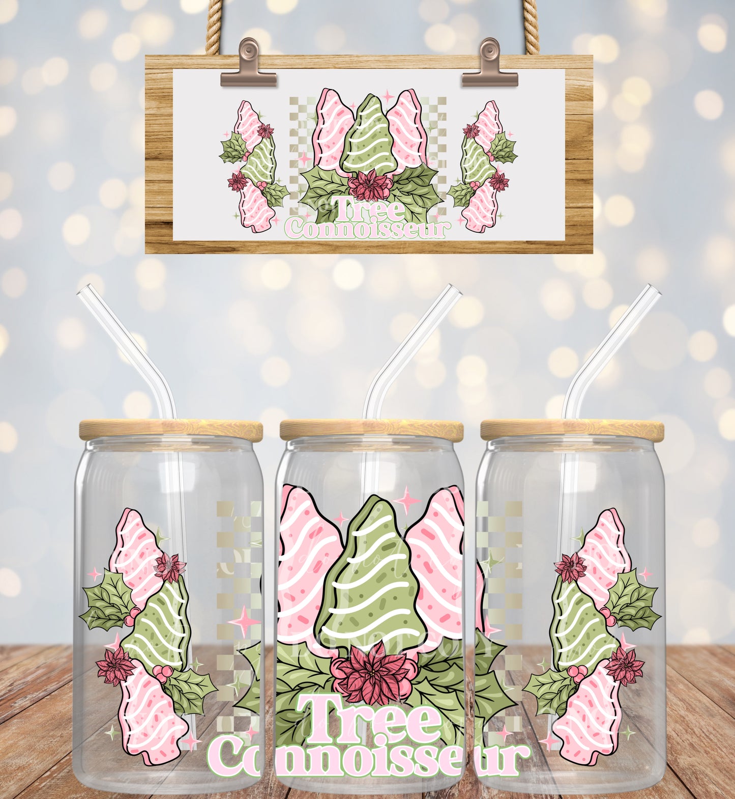 Christmas Pink And Green Tree Cake Connoiseur - 16 oz / 20 oz Libby UV DTF Wrap