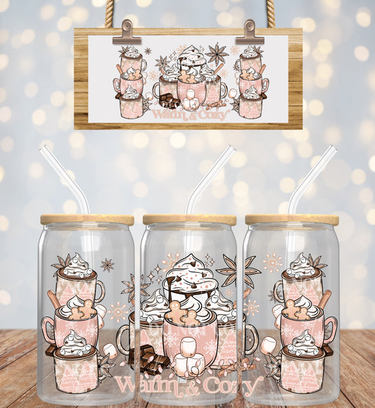 Christmas Pink Warm And Cozy Cocoa - 16 oz / 20 oz Libby UV DTF Wrap