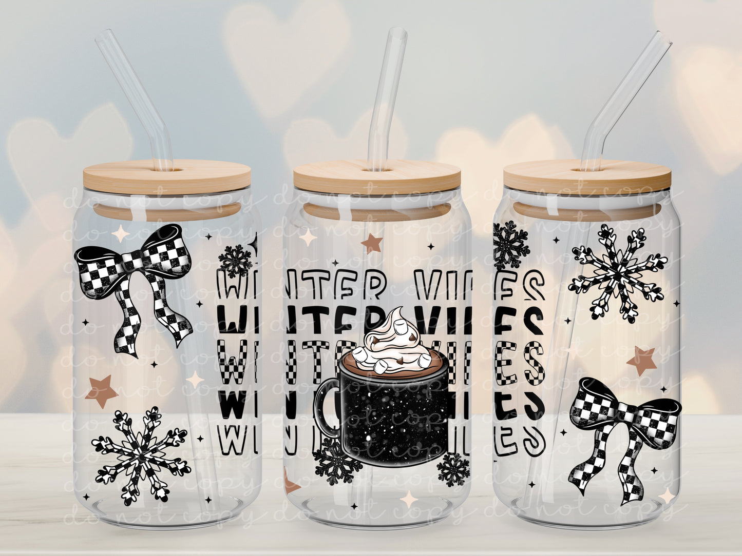 Checkered Bows Winter Vibes - 16 oz / 20 oz Libby UV DTF Wrap