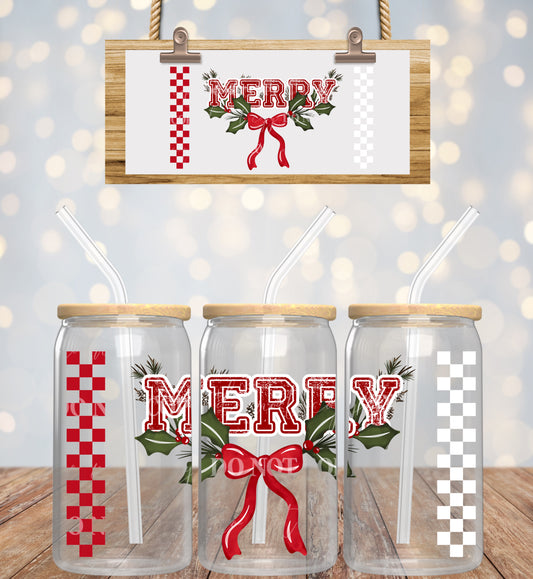 Christmas Checkered  Red N White MERRY With Bow - 16 oz / 20 oz Libby UV DTF Wrap