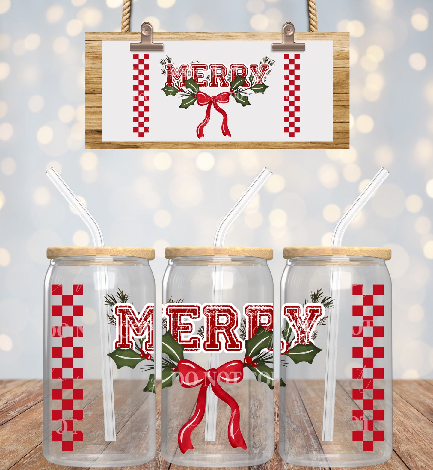 Christmas Checkered  Red MERRY With Bow - 16 oz / 20 oz Libby UV DTF Wrap