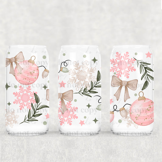 Christmas Pastel Pink Ornaments And Snowflakes - 16 oz / 20 oz Libby UV DTF Wrap