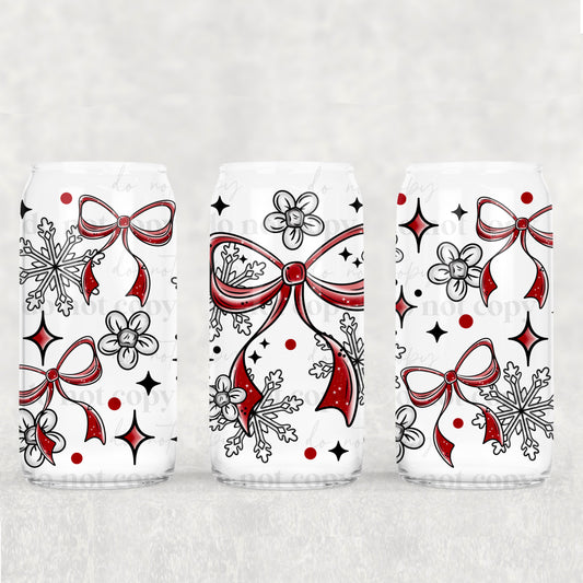 Christmas Siler Snowflake And Red Bows - 16 oz / 20 oz Libby UV DTF Wrap