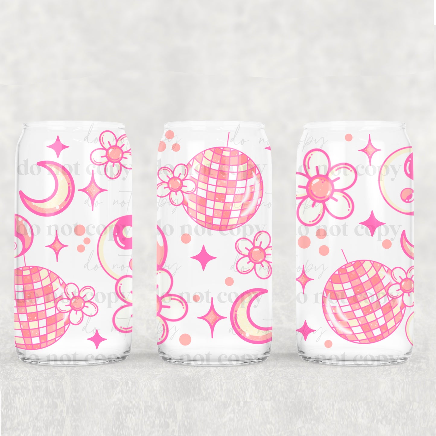 Pink Disco Ball Moon And Daisies - 16 oz / 20 oz Libby UV DTF Wrap