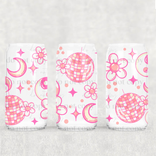 Pink Disco Ball Moon And Daisies - 16 oz / 20 oz Libby UV DTF Wrap