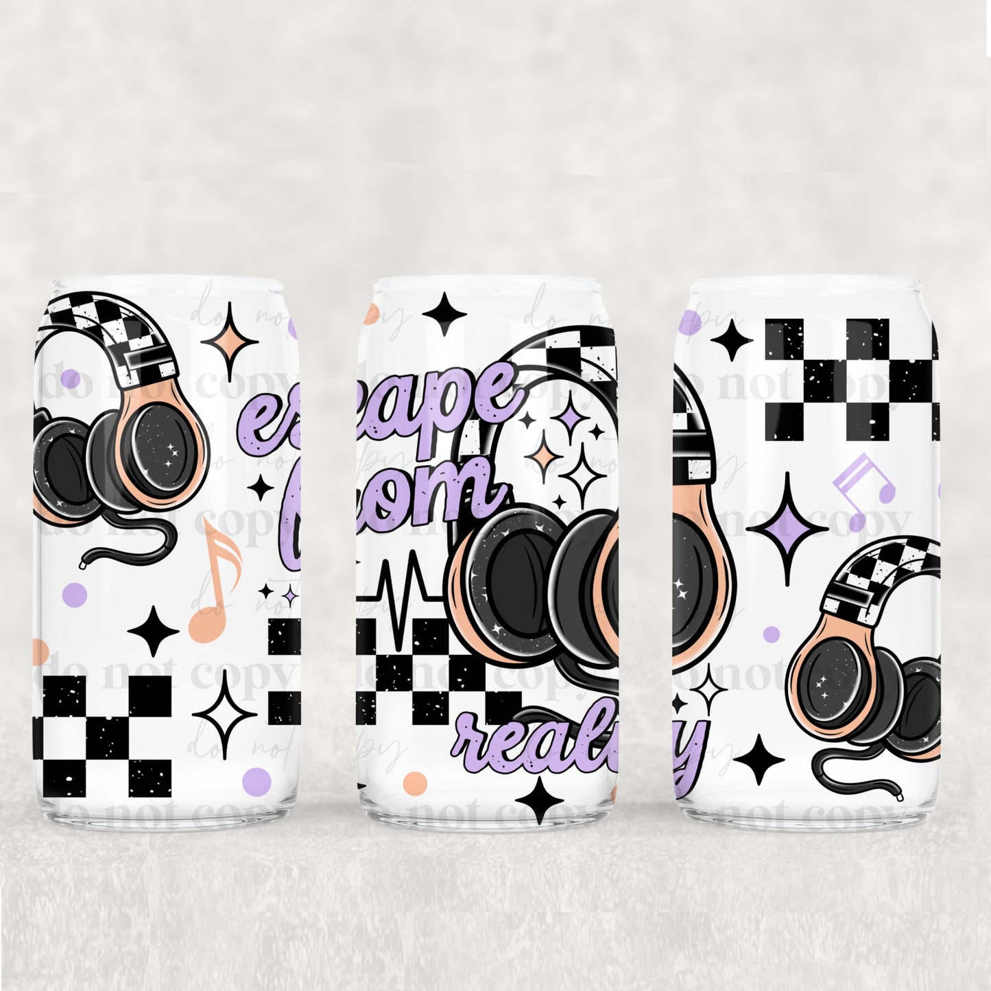 Checkered Headphones Escape From Reality - 16 oz / 20 oz Libby UV DTF Wrap