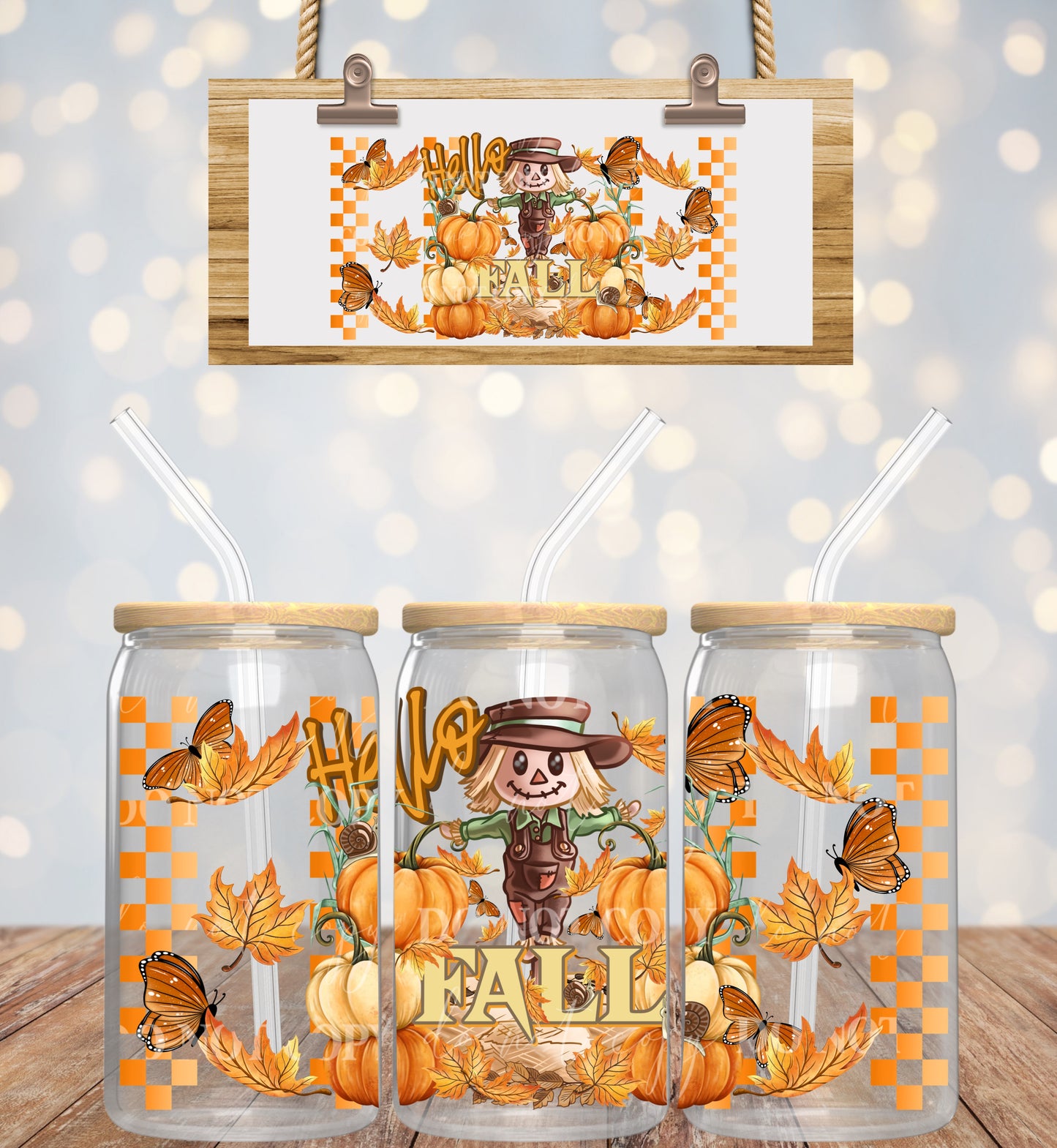 Hello Fall Scarecrow - 16 oz / 20 oz Libby UV DTF Wrap