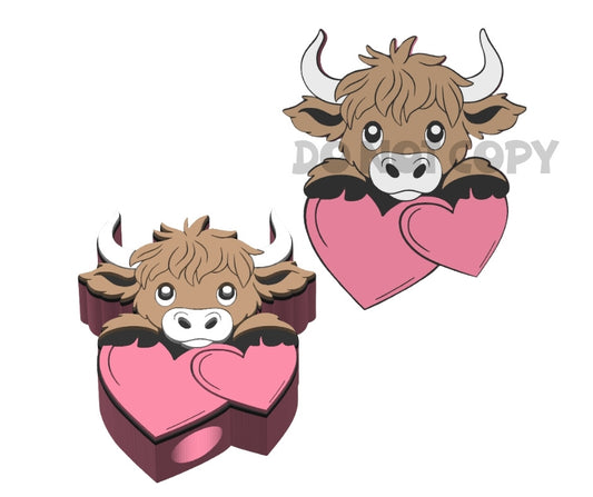 Valentines Highland Cow With Heart - 3D Printed Straw Topper