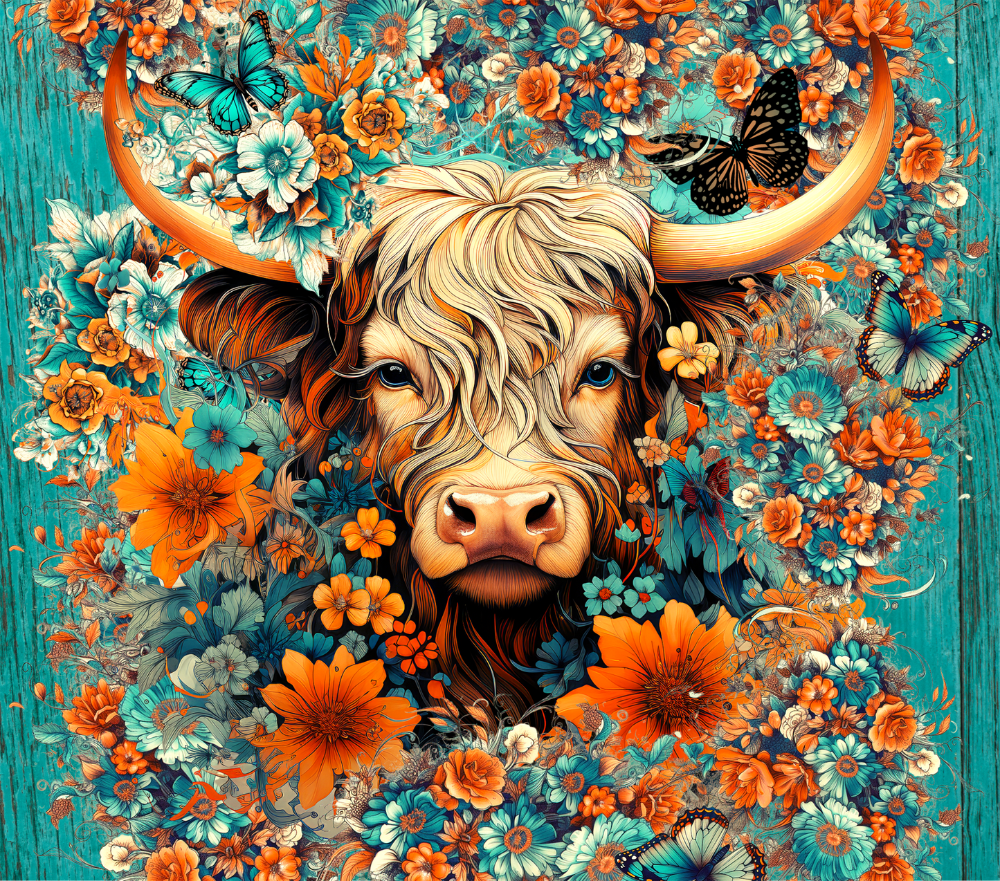 Teal Coral Highland Cow - 20 Oz Sublimation Transfer