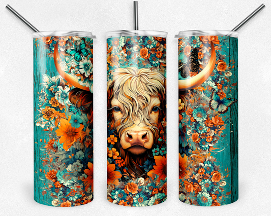 Teal Coral Highland Cow - Sublimation 20 oz Tumbler