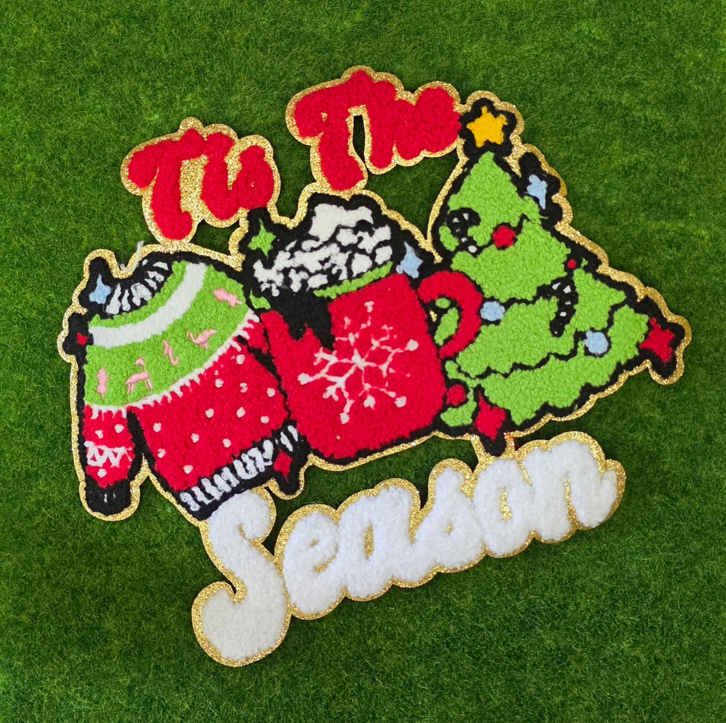 Tis The Season Sweater Hot Cocoa and Tree Christmas Chenile Patch