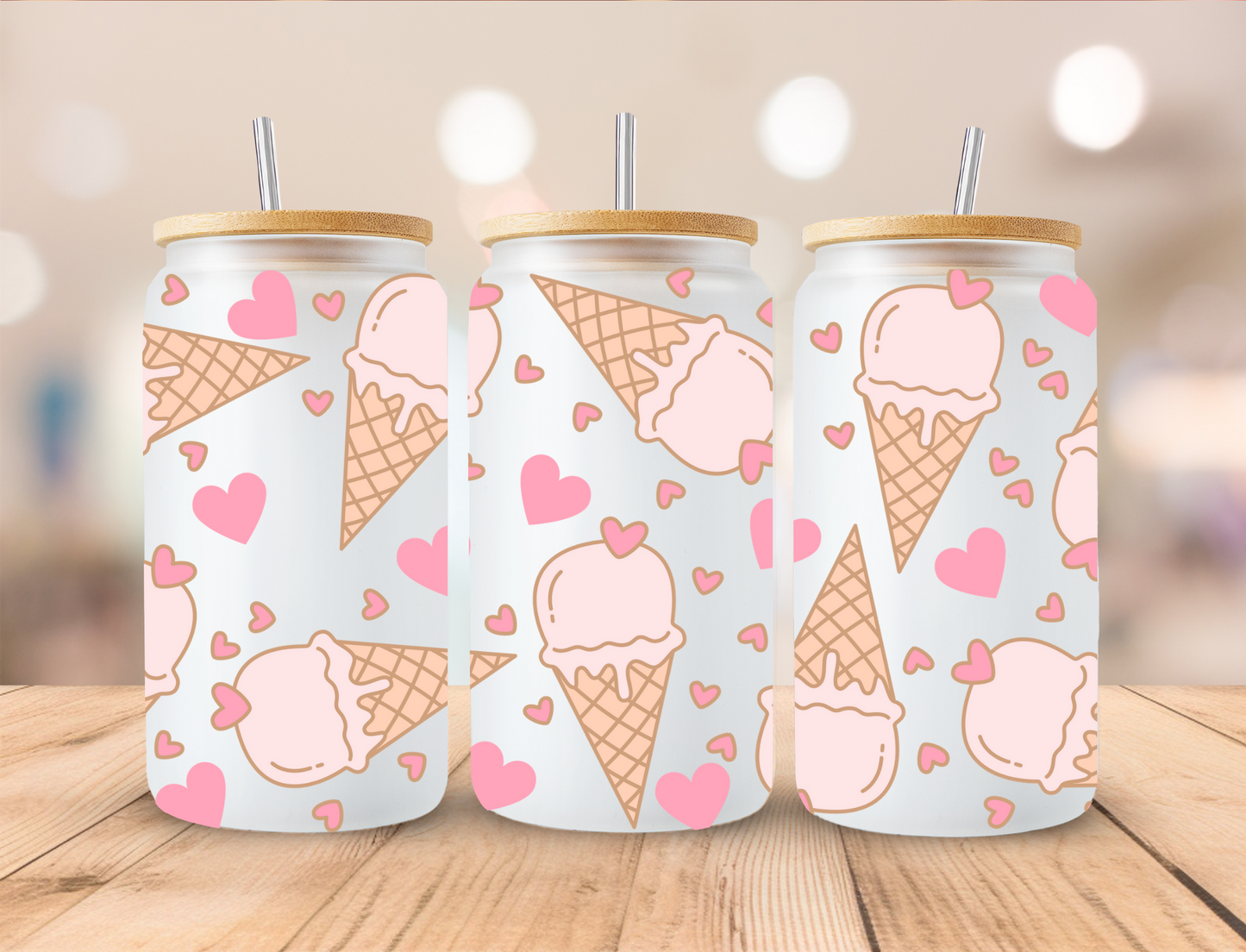 Valentines Baby Pink Hearts and Icecream Cones - 16oz/20oz Libby UV DTF Wrap