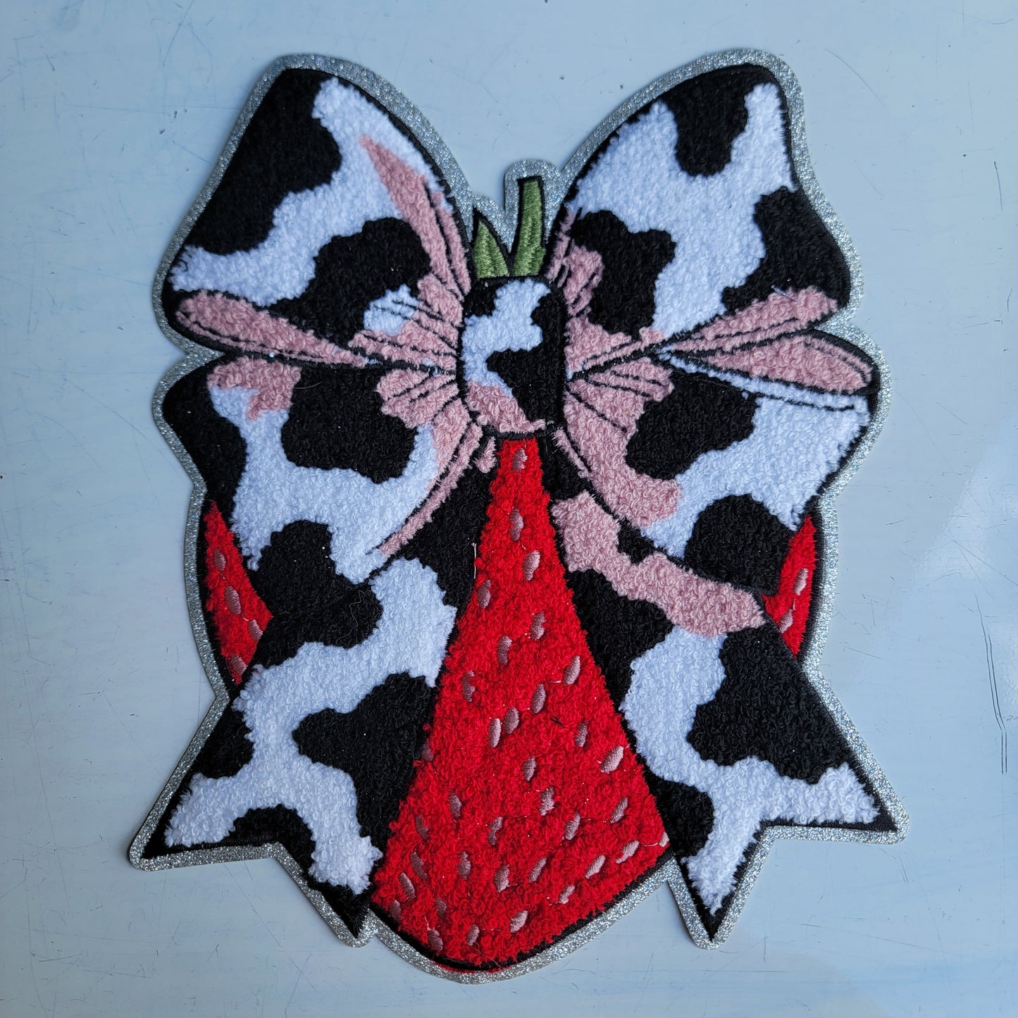 Cow Print Bow And Strawberry Chenile Patch