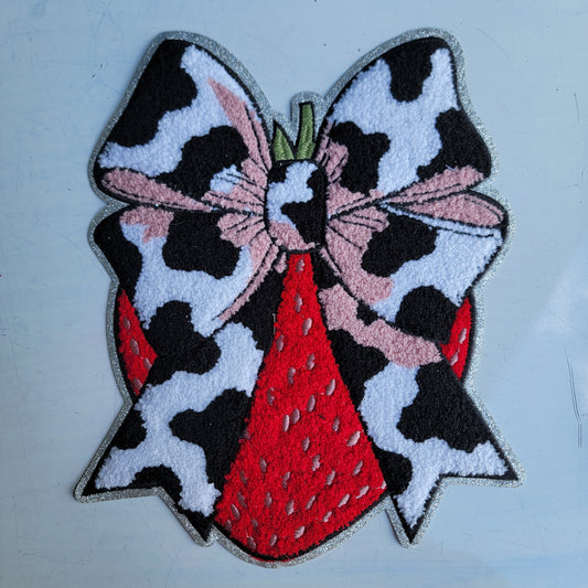 Cow Print Bow And Strawberry Chenile Patch