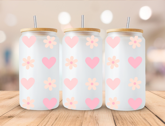 Valentines Baby Pink Hearts and Daisies - 16oz/20oz Libby UV DTF Wrap