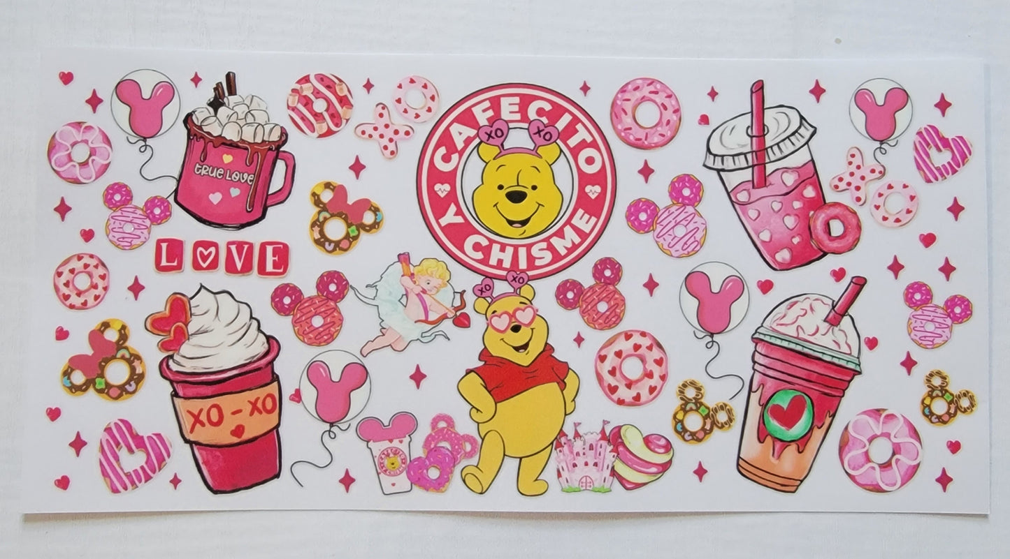 Valentines Day Yellow Bear Cafecito Y Chisme - 16 oz Libby UV DTF Wrap RTS